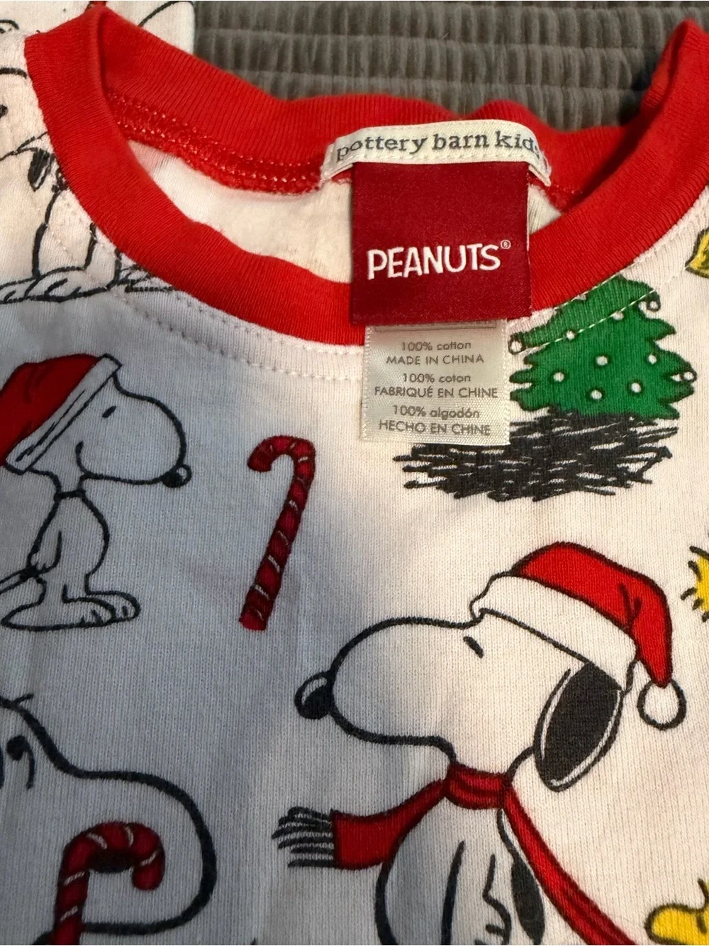 Pottery Barn Kids White Snoopy Holiday Pajama Set with Red Trim